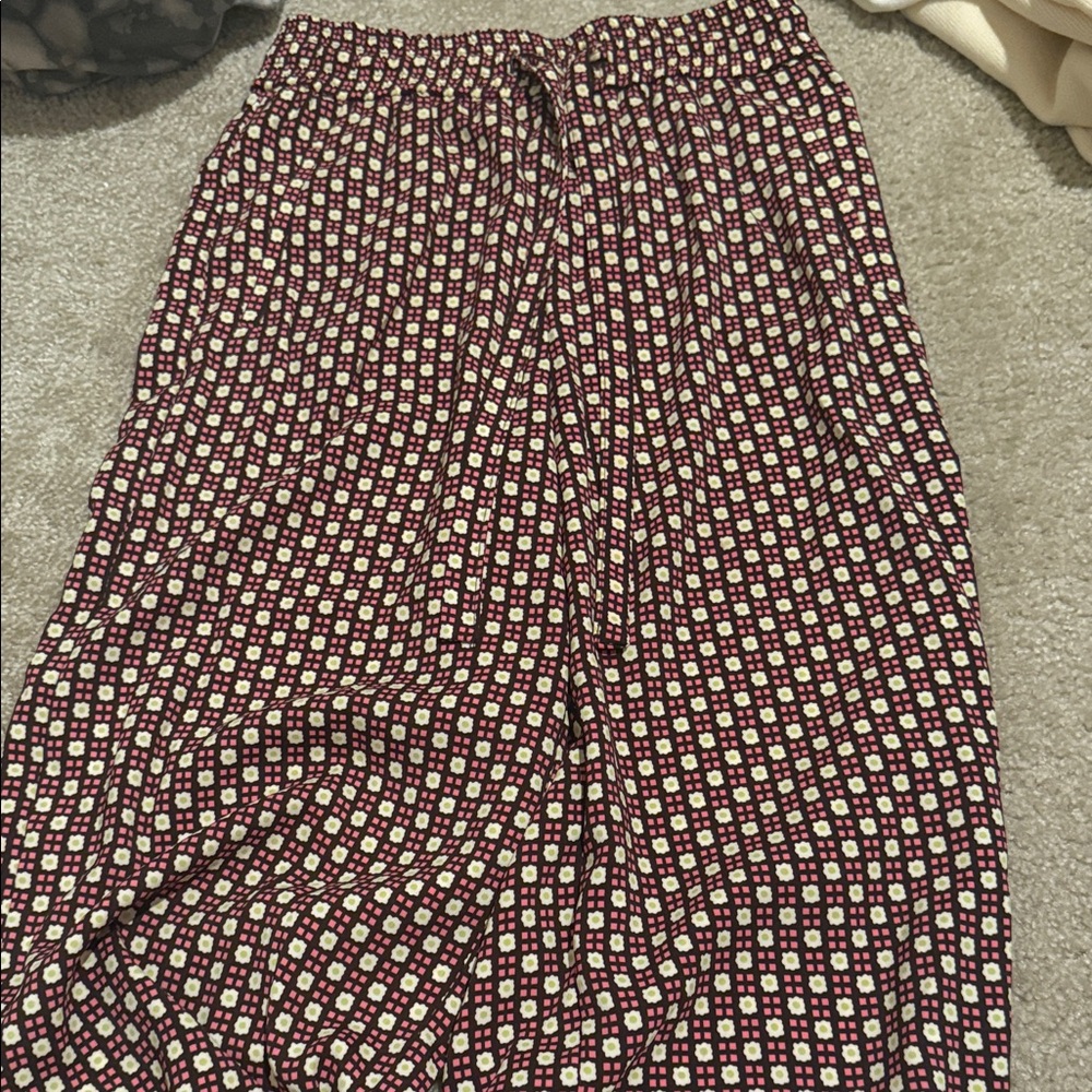 Zara Burgundy and White Patterned Wide Leg Pants